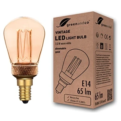 Imagen de greenandco Bombilla LED regulable decorativa estilo vintage E14 ST45 2,3W 65lm 1800K 320 230V, dorado, sin parpadeo