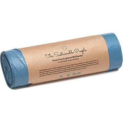 Imagen de TSP Bolsas de basura recicladas con cordón (35 L, 90% residuos post consumo, certificado Blauer Engel), seguras y resistentes a la rotura, para recogida reciclables litros