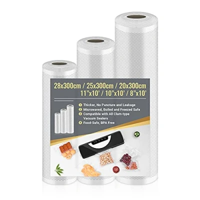 Imagen de Rollo de vacío alimentario, 3 paquetes bolsa, apto para cualquier máquina, nailon, 28 x 300 cm, 25 20 cm