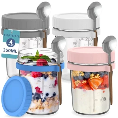 Imagen de HEFTMAN tarros de vidrio para avena nocturna con tapas, paquete 4 350 ml cucharas y tapas plástico coloridas herméticas, ollas desayuno seguras alimentos,