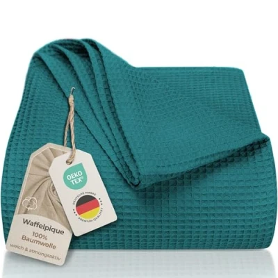Imagen de LAYNENBURG Manta para sofá Verano 240 x 260 cm XXL Waffle Pique 100% algodón cocha Ligera de como Cama, aireada (Petrol)