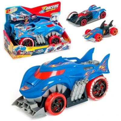 Imagen de T Racers Mix &#039;N Race Squad Launcher Shark Camión tiburón Que se transforma en Lanzador. Incluye 2 vehículos exclusivos, Zona para lanzar y Transportar
