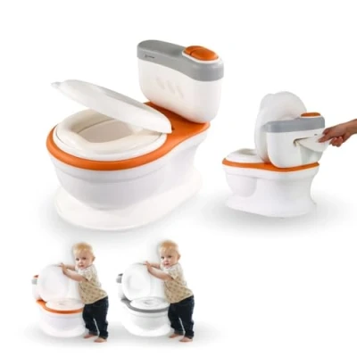 Imagen de Mobiclinic® Kids, Orinal bebé, Toikid, Edad 1 3 años, con tapa, Sonido de descarga, Compartimento para papel higiénico, Funciona Pilas, Cubeta extraíble, Asiento impermeable (Naranja)