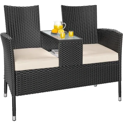 Imagen de CASARIA® Banco Terraza Exterior 2 Asientos Poliratán hasta 320Kg Mesa Cristal con Cojines Estante Resistente Intemperie 143x55x88cm Negro