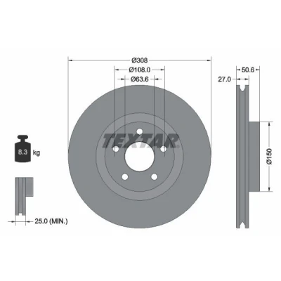 Imagen de TEXTAR 92306703 Disco de freno 308 27 05/05 108 ventilación interna revestido sin perno sujeción rueda, buje rueda