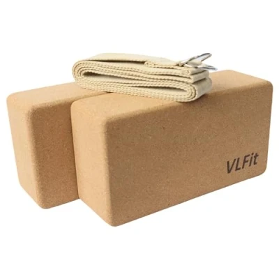 Imagen de VLFit CORCHO bloques de yoga, 2 Block Natural Ecológico, pilates, fitness en general y estiramientos,para Principiantes Profesionales,23 x 15 7,6 cm una correa yoga con hebilla forma D