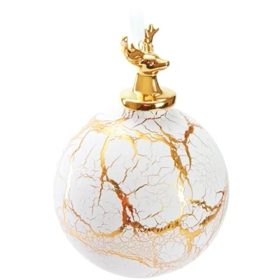 Imagen de BRUBAKER Adorno de Navidad Premium Ciervo en Mármol Oro Blanco Árbol Vidrio 10 cm con Cabeza Porcelana Bola