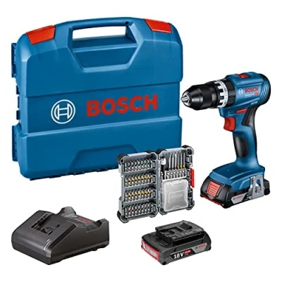 Imagen de Bosch Professional 18V System GSB 45 Taladro percutor a batería (45 Nm, 1900 rpm, 2 baterías x 2.0Ah, accesorios, en maletín) Amazon Exclusive, Azul