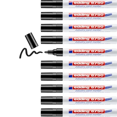 Imagen de edding 8750 marcador de tinta opaca industrial negro 10 bolígrafos punta redonda 2 4mm rotulador superficies polvorientas, grasientas, neumáticos, metal, vidrio, madera permanente impermeable
