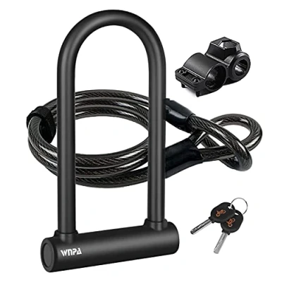Imagen de Candado en U Bicicleta, Forma de para Resistente, Alta Seguridad, con Cable Flexible Acero 1,2 m y Soporte Montaje Resistente Bicicletas, Motocicletas … Negro