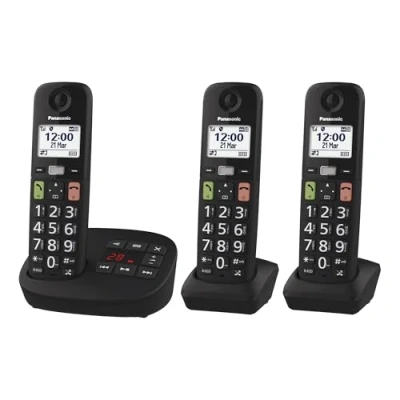 Imagen de Panasonic KX TGU133EXB Teléfono Digital inalámbrico con contestador, Unidad básica y 3 Combinados, Pantalla LCD, Teclas Grandes, Llamadas favoritas, Compatible audífonos, Color Negro