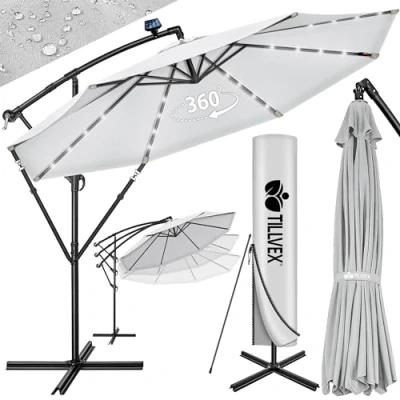 Imagen de tillvex 300 cm Sombrilla Excentrico con 32 Luces LED Solar Parasol para Terraza Jardín Balcón Patio Manivela y Base en Cruz, Giratorio 360º, Protección UV