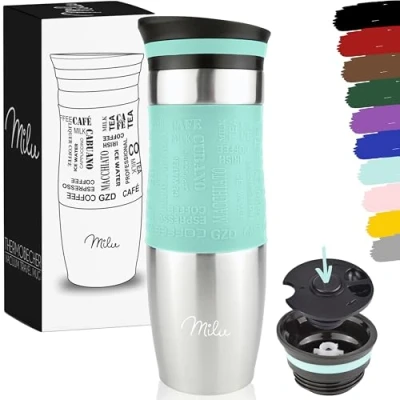 Imagen de Milu Taza aislante de café y té para llevar 370ml 450ml 100% a prueba fugas acero inoxidable beber vaso aislamiento al vacío Caliente frío (Turquesa, 450ml)
