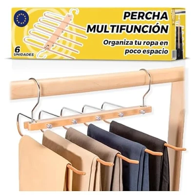 Imagen de Perchas para Pantalones 5 en 1 Pack de 6 Madera Ahorra Espacio Percha Multiple