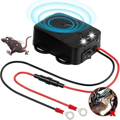 Imagen de LiangMai ahuyentador de martas para coche, frecuencia ultrasónica, 12 kHz 25 kHz, conexión a batería coche V, protección contra martas, animales, con 3 luces LED