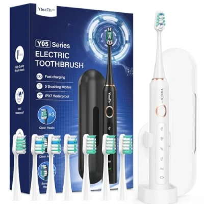 Imagen de Cepillo de Dientes Eléctrico Sónico para Blanqueador Dental Electrico Adultos con 8 Cabezales y Estuche Viaje, 5 Modos, IPX7, Viaje Recargable, Blanco