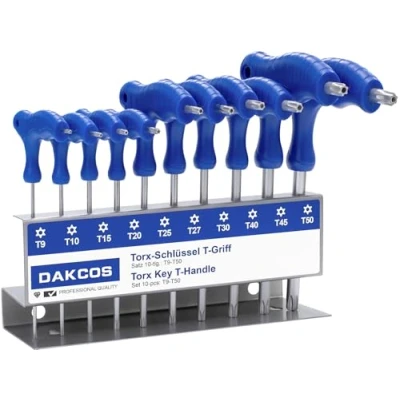Imagen de DAKCOS 10 TLG TORX Schlüssel Set mit T Griff Stiftschlüssel Stirnlochbohrung für Innen Schrauben T9 T50 Cr V