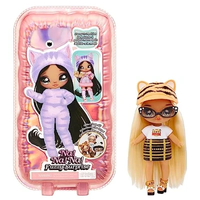 Imagen de Na! Surprise Fuzzy Serie 1 Tiger Linda Muñeca de moda articulable 18 cm Inspirada en una vaca, cuerpo flocado, gorro, gafas, traje y zapatos Juguete para niños niñas 4+ años
