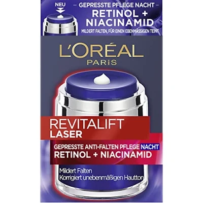 Imagen de L&#039;Oréal Paris crema de noche antiarrugas prensada con retinol y niacinamida, para una piel uniforme, Revitalift Laser, 50 ml