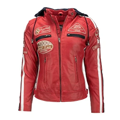Imagen de Urban GoCo Chaqueta Moto Mujer de Cuero Leather &#039;58 LADIES&#039;, Cazadora Piel Cordero, Armadura Removible para Espalda, Hombros y Codos Aprobada por la CE, Rojo Wax, L (UR 212)