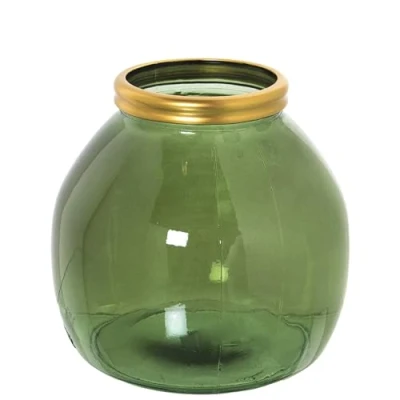 Imagen de DRW Jarron de videio Reciclado en Verde con Filo Dorado 21x20cm, Boca 10cm