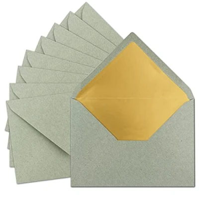 Imagen de 50 sobres DIN C5, 15,6 x 22 cm, de papel kraft en color gris natural con forro seda dorado, pegado húmedo, blanco reciclado, serie Umwelt