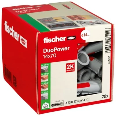 Imagen de fischer DUOPOWER 14 x 70, caja redonda con 20 tacos universales, de alto rendimiento 2 componentes, plástico para fijación en hormigón, ladrillo, piedra, cartón yeso y más