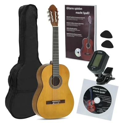 Imagen de Navarrez NV11PK Starter Set guitarra clásica marrón 4/4, bolsa/Gig Bag, libro con CD, afinador (tuner),2 púas