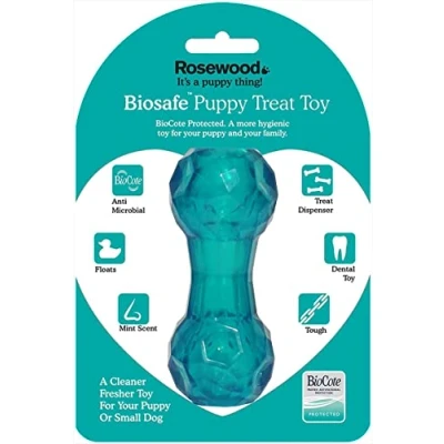 Imagen de Rosewood Juguete de Cachorro Duro con Forma mancuerna, dispensador Regalo para Perros pequeños y Cachorros Hechos Material Resistente, Aroma a Menta, Azul