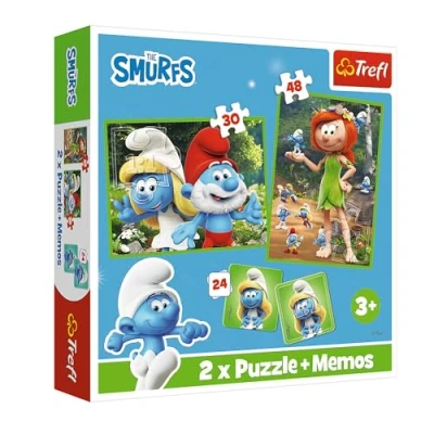 Imagen de Trefl. Pitufos, diversión pitufa. 3 en 1: 2 puzles + Juego de Memoria, 30 y 48 Piezas, Distintos Grados dificultad, 24 Pares Tarjetas Memoria. para niñas niños a Partir años.