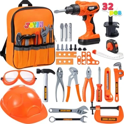 Imagen de JOYIN Juego de 32 Herramientas Mochila construcción para niños, con Juguete Taladro energía eléctrica, Casco construcción, y Otros Accesorios