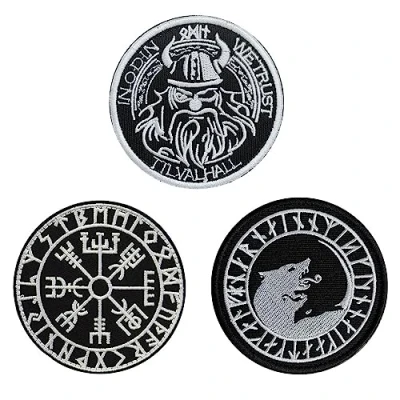 Imagen de 3 Piezas Nórdicos Vikingos Piratas Vikingo Gato Rune Símbolo Insignia Bordado Aplicaciones Parche Compatible con Velcro para Mochilas, Ropa, Chalecos, Chaquetas,Recogida de Parches
