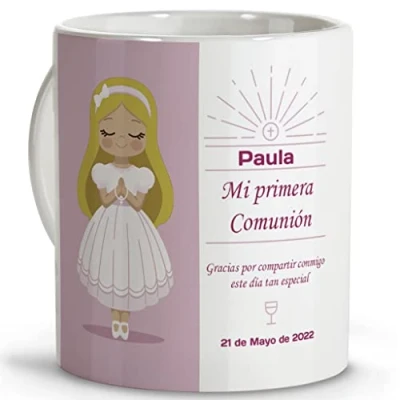Imagen de LolaPix Taza comunión niña. Regalos Personalizados con Nombre y Texto. Personalizada. Varios diseños. NIÃ‘A Rubia. cerámica 330ml
