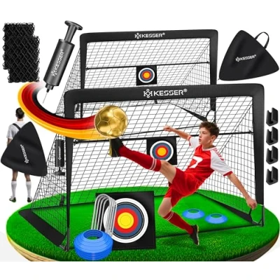 Imagen de KESSER® Juego de 2 porterías fútbol para niños, Plegables, con Barras Fibra Vidrio y Redes portería Interior, Exterior jardín, Bolsa Transporte, Incl. inflador