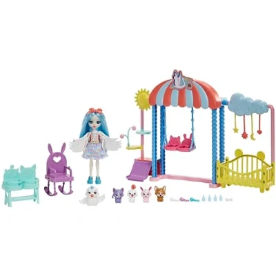 Imagen de Enchantimals Baby BFFs Guardería de Starley Stork Muñeca cigüeña con Set Juego, 5 Mascotas y Accesorios, Juguete +4 años (Mattel HLH23)