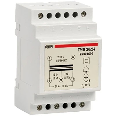 Imagen de VEMER VN321600 TMD 30/24 Transformador de Electricidad Carril DIN para Servicio Discontinuo, Ideal Timbres, Citófonos, Alarmas, Puertas Automáticas, 230V/12 24V, Potencia 30VA, Blanco