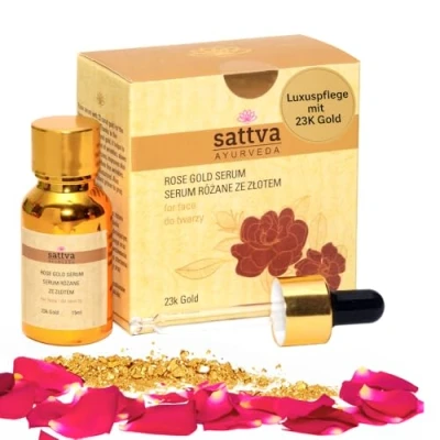 Imagen de Sattva Sérum facial de oro rosa, aceite antienvejecimiento con rosa y 23 quilates para elasticidad suavizado, 15 ml