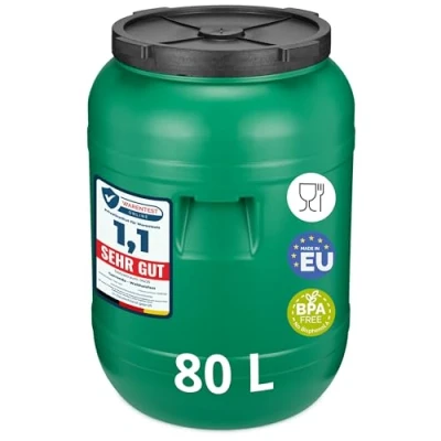 Imagen de Garronda 80 litros Bidón de plástico, Barril alimentario en HDPE y sin BPA, depósito agua, universal boca ancha, tonel jardín, Contenedores almacenamiento GD 0142, Verde