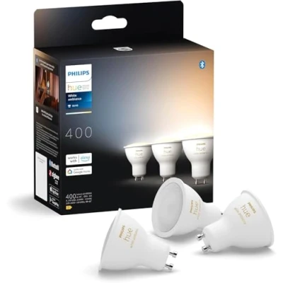 Imagen de Philips Hue Bombilla LED Inteligente, GU10, Luz Blanca de Cálida a Fría, 4.2W 400 lúmens, Compatible con Alexa y Google Home Pack 3 Bombillas inteligentes