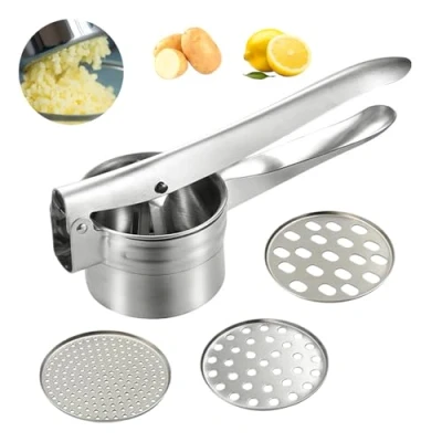 Imagen de Surplex Prensa Patatas, Machacador de Patatas Profesionales, Multifunción exprimidor acero inoxidable para Triturador Frutas, Vegetales, Ajos, con 3 Discos Intercambiables (Fino/Medio/Grueso)