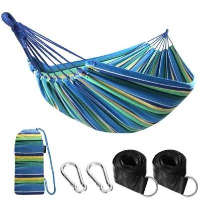 Imagen de Anyoo Hamaca de Algodón para Jardín al Aire Libre con Tela Cómoda y Correas Amigables los árboles Colgar, Duradero Portátil Bolsa Exterior/Interior, Terraza, Patio, Camping