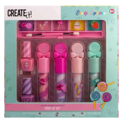 Imagen de Create It! Set Maquillaje Candy para Niños, Estuche (4 Brillos Labios + 2 Esmaltes Uñas 5 Sombras Ojos Brocha)