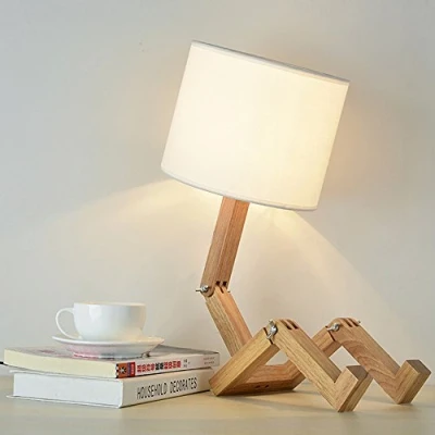 Imagen de ELINKUME® Creativo robot lámpara de escritorio, ajustable libro estante madera noche con pantallas tela E27 tornillo para niños dormitorio oficina sala estar iluminación decorativa (Robot No2)