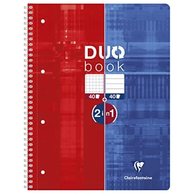 Imagen de Clairefontaine 82526C Duo Book Cahier Réversible à Spirale Perforé A4+ 22,5x29,7 cm 160 Pages (80 Petits Carreaux + 80 Lignées) Papier Blanc 90 g Couverture Carte Pelliculée