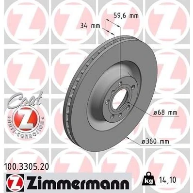 Imagen de ZIMMERMANN COAT Z 100.3305.20 Disco de freno 360 34 10/5 5 112 ventilación interna revestido AUDI: A6 C6 Berlina, Avant, A8 D3