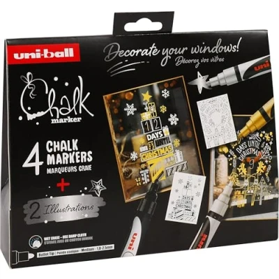 Imagen de UNI Ball 186831 Juego de marcadores tiza Xmas skand, 4 con 2 plantillas, CHALK MARKER, para ventanas