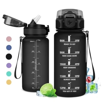 Imagen de Botella Agua Niños 500ml, con Pajita, Motivadora y Prueba de Fugas, Deporte Reutilizable, Garrafa para Niño, Niña, Colegio, Preescolar, Guardería, Bicicleta