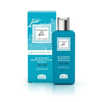 Imagen de Helan, Emozione Blu, Gel de Ducha Hombre y Mujer + Champu sin Sulfatos ni Parabenos para Cuerpo Pelo Baño Delicado Tonificante, con Ginseng Almendras Dulces, 200 ml Made in Italy