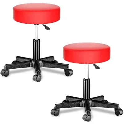 Imagen de CASARIA® Juego de 2 Taburetes Ruedas Altura Regulable 46 60cm Giratorio 360 Acolchado 10cm Taburete Redondo Ø35cm Rojo
