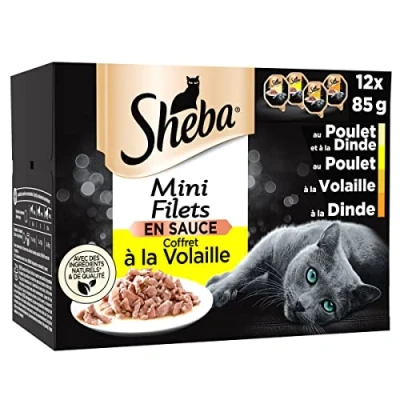 Imagen de Mini filetes Sheba, bandejas para gatos adultos, caja de pollo y salsa, 6 x 12 85 g (el embalaje puede variar)